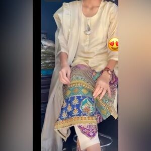 Beautiful temple embroidery, cream tissue shimmer kurta set